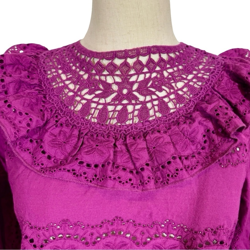 Sezane Elsa Blouse Eyelet Embroidered Ruffled Openwork in Purple Violet sz36/US4 - Picture 6 of 13